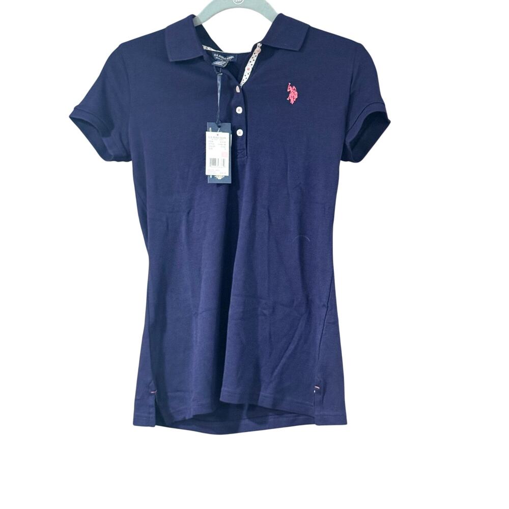 NWT U.S. Polo Assn. Women Polo Shirt Size Small Navy Blue Pink Logo Classic Fit